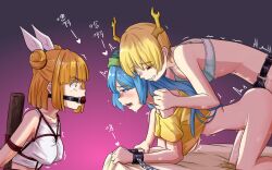 3girls all_fours angry arm_grab arms_behind_back ass ball_gag bdsm bed_sheet blanket blanket_grab blonde_hair blue_hair blush bob_cut bondage bottomless bound bra breast_bondage breasts chain chair chinese_text clothed_sex collarbone constricted_pupils covered_erect_nipples cuckquean dildo double_bun ears female_focus femdom forced forced_to_watch from_side gag gagged grabbing_another&#039;s_arm gradient_background grin hair_bun hair_ribbon haniyasushin_keiki hat heart highres horns joutouguu_mayumi kicchou_yachie large_breasts looking_at_another medium_hair multiple_girls navel netorare nose on_bed purple_background pussy_juice rape restrained ribbon rope saliva sex sex_from_behind sex_toy sheet_grab short_hair shoulder_grab sidelocks simple_background sitting small_breasts smile stain stained_sheets strap strap-on sweat tears teeth touhou underboob underwear watching wide-eyed wrist_chain yuri