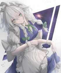 Rule 34 | 1girl, absurdres, apron, aqua eyes, back bow, blue dress, blue eyes, bow, braid, breasts, buttons, clothes lift, commentary, cowboy shot, dress, expressionless, frilled sleeves, frills, green bow, grey hair, hair between eyes, hair bow, high collar, highres, izayoi sakuya, looking at viewer, maid headdress, medium breasts, puffy short sleeves, puffy sleeves, short sleeves, simple background, skirt, skirt lift, solo, star (sky), starry sky background, symbol-only commentary, touhou, tqg 07, twin braids, white apron, white background, white bow, white wrist cuffs, wrist cuffs