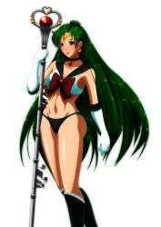 1girl bishoujo_senshi_sailor_moon black_choker black_sailor_collar boots bow breasts brooch choker circlet closed_mouth commentary earrings elbow_gloves garnet_rod gloves green_hair grimbyslayer hair_bun highres holding holding_staff jewelry lips lipstick long_hair magical_girl makeup meiou_setsuna red_bow red_eyes red_lips sailor_collar sailor_moon_narikiri_bra_set sailor_pluto sailor_senshi_uniform single_hair_bun smile solo staff standing transparent_background very_long_hair white_gloves