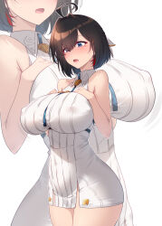 1girl absurdres ahoge atelier_(series) atelier_yumia black_hair blush breasts chest_belt covered_erect_nipples covered_navel dress hair_between_eyes highres kuzuryuu_kennosuke large_breasts mole mole_under_eye multicolored_hair pencil_dress purple_eyes red_hair red_streaks shiny_skin short_hair solo standing two-tone_hair white_background white_dress yumia_liessfeldt zoom_layer