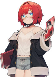 1girl absurdres ange_katrina ange_katrina_(6th_costume) armpit_crease bare_shoulders black_coat blue_eyes blush book breasts camisole censored coat collarbone commentary_request cowboy_shot crossed_bangs drawstring glass grey_shorts hair_intakes hair_ornament hatyuuruinohito highres holding holding_book looking_at_viewer mosaic_censoring nijisanji off_shoulder open_clothes open_coat parted_lips pornography red_hair semi-rimless_eyewear short_hair shorts simple_background small_breasts solo strap_slip triangle_hair_ornament under-rim_eyewear virtual_youtuber white_background white_camisole yellow-framed_eyewear