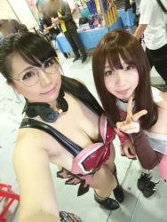 Rule 34 | 2girls, black hair, breasts, cattleya (queen&#039;s blade), cattleya (queen&#039;s blade) (cosplay), chouzuki maryou, cosplay, flower, glasses, green eyes, highres, hip focus, large breasts, multiple girls, photo (medium), plump, queen&#039;s blade, thick thighs, thighs, wide hips