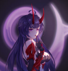1girl absurdres ahoge bare_shoulders black_dress black_gloves blurry blurry_background breasts cleavage commentary_request dress finger_to_mouth from_side gloves highres honkai_(series) honkai_impact_3rd horns index_finger_raised large_breasts liu_liaoliao long_hair long_horns looking_at_viewer purple_eyes purple_hair raiden_mei raiden_mei_(herrscher_of_thunder) red_gloves red_horns red_pupils shushing solo two-tone_gloves upper_body