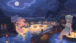 Rule 34 | 1girl, animal ears, arm at side, arm support, building, chinese commentary, commentary request, full moon, grey eyes, grey hair, haishi tai ruo le aaaaaa, hololive, horizon, lantern, long hair, moon, naked towel, night, night sky, no pupils, ocean, onsen, pixel art, rock, scenery, ship, shirakami fubuki, sitting, sky, soaking feet, solo, star (sky), starry sky, towel, tree, virtual youtuber, water, watercraft, wide shot
