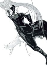 1boy animal armor boots cat chinese_commentary closed_eyes coat commentary_request curtained_hair eyelashes final_fantasy final_fantasy_vii full_body gloves hayashishisou highres holding holding_sword holding_weapon long_hair male_focus masamune_(ff7) pants pauldrons popped_collar sephiroth shoulder_armor simple_background smile solo sword very_long_hair walking weapon white_background