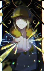 Rule 34 | 1boy, black background, blonde hair, border, clenched hand, closed mouth, crescent, fur-trimmed jumpsuit, fur trim, ginkgo guild uniform, grey eyes, hair bun, hair over one eye, hat, highres, jumpsuit, long sleeves, looking at viewer, male focus, nintendo, pokemon, pokemon legends: arceus, simple background, solo, sparkle, ssn (sasa8u9r), upper body, volo (pokemon), white border, yellow hat