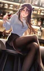 1girl ;d alcohol alternate_costume ascot black_shoes black_skirt black_thighhighs blonde_hair blurry blurry_background blush bottle colored_inner_hair commentary cup drinking_glass english_commentary feather_hair_ornament feathers foot_out_of_frame hair_between_eyes hair_ornament highres holding holding_cup legs long_hair lua_asuka lucio_(luci0_52) multicolored_hair one_eye_closed open_mouth production_kawaii purple_hair second-party_source shirt shoes sitting skirt smile solo sparkle streaked_hair thighhighs virtual_youtuber white_ascot white_shirt wine wine_glass yellow_eyes