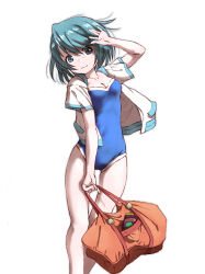 1girl alternate_costume aqua_eyes aqua_hair arm_up bag bare_legs breasts closed_mouth collarbone commentary covered_navel highres holding jacket looking_at_viewer mahou_shoujo_madoka_magica marutaya medium_breasts miki_sayaka one-piece_swimsuit open_clothes school_swimsuit short_hair simple_background skindentation smile solo standing swimsuit swimsuit_under_clothes white_background white_jacket