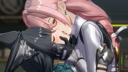 2girls 3d absurdres animal_ear_fluff animal_ears black_gloves black_hair blender_(medium) blunt_bangs blurry blurry_background blush closed_eyes commentary dab_neko derivative_work earrings eclairstones english_commentary fingerless_gloves fox_ears fox_girl french_kiss from_side glasses gloves green_jacket half-closed_eyes hand_on_another&#039;s_cheek hand_on_another&#039;s_face heavy_breathing highres hoshimi_miyabi jacket jewelry kiss long_hair multiple_girls photoshop_(medium) pink_hair red_eyes saliva semi-rimless_eyewear sidelocks tongue tsukishiro_yanagi under-rim_eyewear upper_body yuri zenless_zone_zero