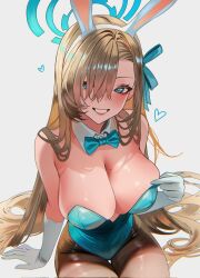 1girl animal_ears asuna_(blue_archive) asuna_(bunny)_(blue_archive) black_pantyhose blonde_hair blue_archive blue_bow blue_bowtie blue_eyes blue_halo blue_leotard bow bowtie breasts cleavage commentary corrupted_twitter_file fake_animal_ears gloves halo highres large_breasts leotard long_hair looking_at_viewer pantyhose playboy_bunny rabbit_ears sanya_(sanya_lox228) simple_background smile solo symbol-only_commentary very_long_hair white_background white_gloves