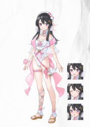 1girl :d @_@ ^_^ bag bare_shoulders beret black_hair blush bow breasts brown_footwear cleavage closed_eyes closed_mouth copyright_request covered_navel multiple_expressions hair_between_eyes hat hu_kotora long_hair medium_breasts nose_blush one-piece_swimsuit open_mouth pink_bow purple_eyes sandals smile standing swimsuit white_headwear white_one-piece_swimsuit
