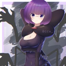 1girl arm_at_side arm_under_breasts artist_name blunt_bangs bob_cut breasts c-clock cleavage elbow_gloves glasses gloves highres large_breasts low-cut medium_breasts nintendo pokemon pokemon_bw purple_eyes purple_hair purple_skirt rimless_eyewear round_eyewear shauntal_(pokemon) short_hair skirt smile solo upper_body v-shaped_eyebrows