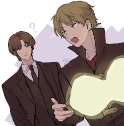 Rule 34 | 2boys, black jacket, black necktie, black vest, brown eyes, brown hair, closed mouth, collared jacket, collared shirt, erinan, hand up, highres, izumi kouhei, jacket, male focus, multiple boys, necktie, ninomiya masataka, open mouth, raised eyebrow, red shirt, shirt, short hair, upper body, vest, white background, white shirt, world trigger