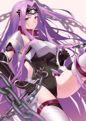 1girl absurdres aged_up akaneko016 animal_collar armor armored_leotard backless_leotard backless_outfit black_gloves black_leotard breastplate chain closed_mouth clothing_cutout collar commentary_request commission cosplay elbow_gloves expressionless fate/grand_order fate_(series) floating_hair gloves highleg highleg_leotard highres holding holding_weapon leotard long_hair looking_at_viewer medusa_(fate) medusa_(lancer)_(fate) medusa_(lancer)_(fate)_(cosplay) medusa_(rider)_(fate) nameless_dagger_(fate) pauldrons purple_eyes purple_hair red_collar rider shoulder_armor simple_background solo very_long_hair weapon white_background