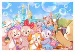 1boy 4girls animal_ears bow bubble cookieann disneyland duffy_and_friends duffy_the_disney_bear full_body highres linabell looking_at_viewer multiple_girls purple_eyes rabbit_ears shelliemay shirt smile stellalou stuffed_animal stuffed_toy takatmaorange teddy_bear