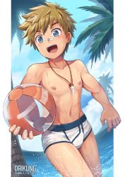 1boy absurdres ball beachball blue_eyes borrowed_character briefs brown_hair bulge cowboy_shot daikung dated day edging_briefs eyebrows highres holding holding_ball holding_beachball jewelry male_focus male_underwear navel necklace nipples open_mouth original outdoors palm_tree smile solo teeth tooth_necklace topless_male tree underwear underwear_only upper_teeth_only wet wet_clothes wet_male_underwear wet_underwear white_briefs white_male_underwear