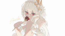 1girl aki&#039;z arknights bare_shoulders character_name closed_mouth commentary commentary_request english_commentary flower hair_between_eyes highres holding holding_flower long_hair looking_at_viewer mixed-language_commentary partial_commentary red_eyes red_flower red_rose rose simple_background smile solo specter_(arknights) upper_body white_background white_flower white_hair white_rose