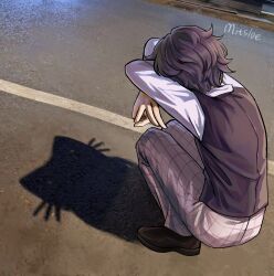 1boy artist_name black_hair black_shoes black_vest cat_shadow_puppet_(meme) commentary daan_(fear_&amp;_hunger) fear_&amp;_hunger_(series) fear_&amp;_hunger_2:_termina full_body grey_pants highres long_sleeves male_focus meme pants photo_background road sakimitsloe shadow shirt shoes solo squatting vest white_shirt