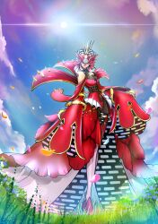 Rule 34 | bare shoulders, breasts, covered eyes, digimon, digimon (creature), dress, full body, grass, highres, large breasts, looking at viewer, medium hair, ocarianya, pink hair, rafflesimon, red dress, red lips, smile, standing, sunlight
