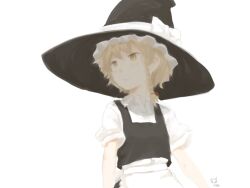 Rule 34 | 1girl, alternate hair length, alternate hairstyle, apron, black vest, blonde hair, bow, braid, closed mouth, commentary, hat, hat bow, kawashina (momen silicon), kirisame marisa, shirt, short hair, short sleeves, side braid, simple background, solo, touhou, upper body, vest, waist apron, white background, white bow, white shirt, witch hat, yellow eyes