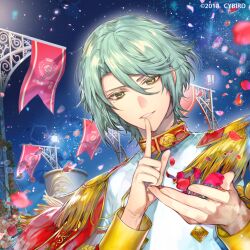 1boy aiguillette aqua_hair arch banner buttons cape colored_eyelashes copyright_notice diamond_button double-breasted epaulettes falling_petals finger_to_mouth floral_arch floral_print hair_between_eyes holding holding_petal ikemen_revolution index_finger_raised jacket jonah_clemence lamppost looking_at_viewer male_focus mole mole_under_eye night parted_lips petals red_cape rose_petals rose_print short_hair sky smile solo star_(sky) starry_sky swept_bangs tcb upper_body white_jacket yellow_eyes