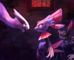 creature creatures_(company) evil_smile eyelashes fangs game_freak gen_2_pokemon gen_4_pokemon glitchedpuppet indoors legendary_pokemon lugia nintendo no_humans open_mouth pink_eyes pmd-explorers pokemon pokemon_(creature) pokemon_mystery_dungeon red_eyes signature smile sneasel standing weavile window yellow_eyes