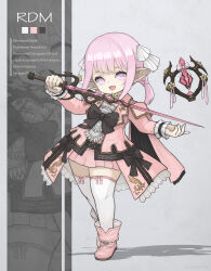 1girl absurdres ascot black_ribbon boots cape english_text final_fantasy final_fantasy_xiv flat_chest full_body highres holding holding_weapon jacket lalafell long_bangs multiple_views open_mouth pink_boots pink_cape pink_hair pink_jacket pointy_ears puluie rapier red_mage_(final_fantasy) ribbon scrunchie simple_background smile sword thighhighs twintails warrior_of_light_(ff14) weapon white_ascot white_thighhighs wrist_scrunchie