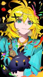 1boy 1girl ahoge ammunition_belt animal belt black_background black_gloves blonde_hair blue_shirt brown_belt chattdraws dog doki_amber_doge_(dokibird) dokibird dokibird_(bounty_hunter) dokibird_(tomato) dragoon_(dokibird) fang feather_hair gloves green_eyes hair_ornament highres index_finger_raised indie_virtual_youtuber looking_at_viewer mika_pikazo_(style) neckerchief orange_neckerchief paint_splatter pointing pointing_at_self shirt skin_fang sleeves_rolled_up smile tomato virtual_youtuber x_hair_ornament