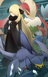 1girl absurdres black_coat black_collar black_pants blonde_hair blurry blurry_background breasts brown_eyes cleavage closed_mouth coat collar commentary_request creatures_(company) cynthia_(pokemon) eyelashes fur-trimmed_coat fur_collar fur_trim game_freak garchomp gen_3_pokemon gen_4_pokemon hair_ornament hair_over_one_eye highres indoors long_hair long_sleeves milotic nintendo pants pokemon pokemon_(creature) pokemon_dppt roserade standing xiyia_hua