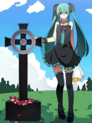 1girl absurdly_long_hair anniversary aqua_eyes aqua_hair aqua_neckwear artist_name artist_request bad_id bad_pixiv_id bare_shoulders birthday black_dress black_shoes black_skirt black_thighhighs black_wrist_cuffs blue_eyes blue_hair blue_neckwear blue_sky bouquet breasts cloud collarbone cross day dress female_focus flower frilled_dress frills full_body gradient_hair grass grave halter_dress halterneck happy_birthday hatsune_miku highres hijiri_(resetter) holdin holding holding_bouquet leg_ribbon legs long_hair long_legs long_twintails miniskirt multicolored_hair outdoors palette_world_breakdown_(vocaloid) parted_lips plaid_clothes plaid_dress plaid_skirt pleated pleated_dress pleated_skirt red_ribbon ribbon shoes skirt sky sleeveless sleeveless_dress small_breasts solo thighhighs tombstone twintails very_long_hair vocaloid wreath wrist_cuffs zettai_ryouiki