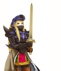 1girl agrias_oaks armor blonde_hair braid breasts brown_eyes cape dark_knight dark_knight_(fft) female_focus final_fantasy final_fantasy_tactics gloves highres knight long_hair pauldrons rawza shoulder_armor sidelocks single_braid solo sword weapon white_background