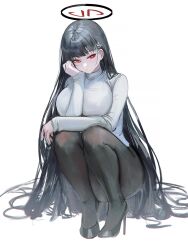 1girl alternate_costume black_hair black_pantyhose black_shoes blue_archive breasts closed_mouth flippy_(cripine111) full_body grey_background halo high_heels highres large_breasts long_hair looking_at_viewer pantyhose red_eyes rio_(blue_archive) shoes simple_background solo squatting very_long_hair