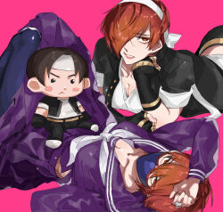 Rule 34 | 2girls, breasts, character doll, chest bow, choker, cleavage, cosplay, curtained hair, delinquent, dual persona, fingerless gloves, full body, genderswap, genderswap (mtf), gloves, hair over one eye, headband, jacket, kusanagi kyou, kusanagi kyou (cosplay), large breasts, looking at viewer, mask, miss x, mouth mask, multiple girls, pants, red eyes, red hair, school uniform, secondary 0000, shirt, short hair, skirt, snk, snk gals fighters, snk heroines: tag team frenzy, sukeban, the king of fighters, yagami iori