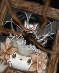 animal_pov broken_mirror dutch_angle flower gen_4_pokemon giratina giratina_(origin) glowing glowing_eyes green_eyes highres legendary_pokemon looking_at_viewer mirror motion_blur muted_color mythical_pokemon neverland+ nintendo open_mouth pokemon pokemon_(creature) red_eyes red_flower reflection shaymin shaymin_(land)