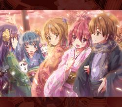 10s 1boy 4girls aino_megumi blue_eyes blue_hair blush brown_eyes brown_hair flower gurasan_(happinesscharge_precure!) hair_flower hair_ornament happinesscharge_precure! highres hikawa_iona inoshishi_(ikatomo) japanese_clothes kimono letterboxed long_hair multiple_girls one_eye_closed oomori_yuuko open_mouth petals pink_eyes pink_hair precure purple_eyes purple_hair ribbon_(happinesscharge_precure!) sagara_seiji scarf shirayuki_hime short_hair smile torii