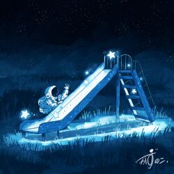 1other absurdres artist_name astronaut backpack bag commentary fog gloves glowing grass helmet highres kazunoko_(kazunoko_zunoco) night night_sky original outdoors radio_antenna signature sky slide space_helmet spacesuit standing star_(sky) star_(symbol) starry_sky white_gloves