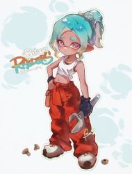 1girl absurdres baggy_pants bare_shoulders beebee1120 black_bra black_gloves blonde_hair blue_hair blush bra bra_peek copyright_name crop_top fingerless_gloves freckles full_body gloves gradient_hair hand_on_own_hip highres holding holding_wrench inkling inkling_girl inkling_player_character looking_at_viewer mechanic_(splatoon_raiders) midriff multicolored_hair navel nintendo pants parted_bangs parted_lips pink_eyes pointy_ears ponytail red_pants shirt shoes short_hair solo splatoon_(series) splatoon_raiders standing tentacle_hair tied_shirt underwear white_shirt white_shoes wrench
