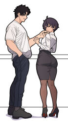 2boys arched_back ass black_hair commentary crossdressing hair_between_eyes hand_in_pocket hand_on_another&#039;s_chin happy_birthday high_heels highres looking_at_another looking_back multiple_boys nail_polish office original shirt short_hair skirt standing thighhighs trap white_background white_shirt wuni_(dkadireks_6974) yaoi