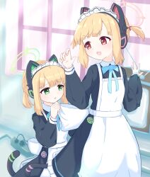 2girls absurdres animal_ear_headphones animal_ears apron aqua_ribbon back_bow black_dress black_tail blonde_hair blue_archive blush bow cat_ear_headphones cat_ears cat_tail collared_dress commentary_request contrast_collar curtains dress fake_animal_ears fake_tail frilled_apron frilled_dress frills front-to-back green_eyes green_halo hair_ribbon halo hands_up headphones highres holding holding_bow_(ornament) indoors long_sleeves looking_at_another looking_back maid maid_apron maid_headdress midori_(blue_archive) midori_(maid)_(blue_archive) momoi_(blue_archive) momoi_(maid)_(blue_archive) multiple_girls neck_ribbon nyanpa official_alternate_costume official_alternate_hairstyle open_mouth parted_bangs parted_lips pink_halo power_strip puffy_long_sleeves puffy_sleeves raised_inner_eyebrows red_eyes red_ribbon ribbon short_hair short_twintails siblings sidelocks sisters smile tail television turning_head twins twintails v-shaped_eyebrows virtual_pet_(toy) white_apron white_bow white_headdress window
