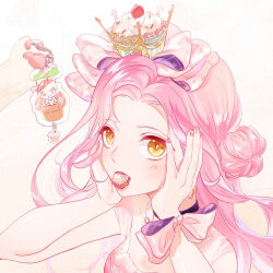 1girl bare_shoulders birthday black_choker bow bright_pupils brown_eyes cat character_charm charm_(object) chinese_commentary choker collarbone commentary_request confeitoo crown dress earrings food-themed_hat food_charm food_in_mouth gold_earrings gradient_background hair_bun hands_on_own_cheeks hands_on_own_face happy_birthday highres holding holding_charm jewelry light_blush lipstick long_hair looking_at_viewer makeup momo_(nikki) nail_art nail_polish nikki_(nikki) nikki_(series) open_mouth parted_bangs pawpads pink_bow pink_dress pink_hair pink_nails red_lips shining_nikki single_side_bun sleeveless sleeveless_dress solo_focus upper_body wavy_hair white_background white_cat white_pupils wrist_bow
