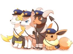 bag blue_eyes boltund brown_eyes claws closed_mouth dog eevee full_body gen_1_pokemon gen_2_pokemon gen_7_pokemon gen_8_pokemon hat highres horns houndoom lycanroc lycanroc_(midday) mimix nintendo no_humans pokemon pokemon_(creature) police police_hat red_eyes simple_background smile standing tail