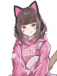 1girl :q absurdres animal_ear_headphones animal_ears blush brown_hair cat_ear_headphones closed_mouth clothes_writing fake_animal_ears guitar headphones heart heart_print highres hood hood_down hoodie instrument kmnz liz_(kmnz) long_sleeves looking_at_viewer medium_hair no_name_ver1 pink_eyes pink_hoodie simple_background smile solo tongue tongue_out upper_body virtual_youtuber white_background