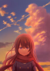 1girl absurdres black_coat brown_hair brown_scarf cloud cloudy_sky coat dot_nose evening highres light_frown long_hair looking_at_viewer niziato original outdoors purple_eyes sad scarf sky solo tearing_up upper_body