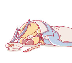 antennae bee blanket bug closed_eyes digimon digimon_(creature) funbeemon glitchplightart insect no_humans plate simple_background sleeping solo white_background