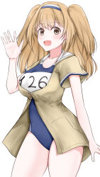Rule 34 | 1girl, blue one-piece swimsuit, blush, breasts, brown eyes, brown hair, clothes writing, cowboy shot, hairband, highres, i-26 (kancolle), kantai collection, koru pera, large breasts, light brown hair, long hair, looking at viewer, name tag, new school swimsuit, one-piece swimsuit, open clothes, open mouth, sailor collar, salute, school swimsuit, short sleeves, smile, solo, swimsuit, swimsuit under clothes, two-tone hairband, two side up, white background