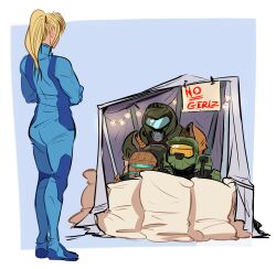 Rule 34 | 1girl, absurdres, armor, artist request, ass, assault visor, blonde hair, crossover, dead space, doom (series), doom eternal, doomguy, halo (series), helmet, highres, isaac clarke, long hair, master chief, metroid, nintendo, pillow, ponytail, praetor suit, samus aran, toned, toned female, zero suit
