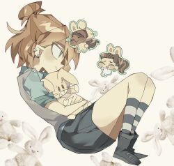 3girls animal_ears black_boots blue_shirt blue_skirt boots brown_hair chibi closed_eyes closed_mouth collared_shirt commentary_request dark-skinned_female dark_skin disventure_camp dokusuji_(kw9onou58) earrings ellie_(disventure_camp) fake_animal_ears full_body gabby_(disventure_camp) grett_(disventure_camp) highres jewelry long_hair multiple_girls open_mouth ponytail rabbit_ears red_hair shirt short_hair skirt socks solo_focus striped_clothes striped_socks stuffed_animal stuffed_toy