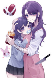 2girls absurdres adult_baby aegyo_sal aged_down apron asahina_mafuyu asahina_mafuyu&#039;s_mother baby_bottle bandaged_arm bandages black_skirt blood blood_on_arm bloody_knife blue_shirt bottle closed_mouth commentary cowboy_shot empty_eyes from_side hair_over_shoulder hand_on_another&#039;s_head heart heart_in_eye highres holding holding_bottle jishou_210 knife long_hair long_sleeves looking_at_viewer miniskirt mother_and_daughter multiple_girls pacifier pink_apron pleated_skirt pocket project_sekai purple_eyes purple_hair self-harm shirt simple_background skirt sleeves_past_wrists sleeves_rolled_up smile symbol_in_eye white_background white_shirt