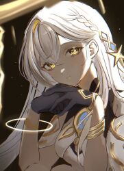 1girl ame_shizuri. braid breasts bright_pupils closed_mouth colored_extremities commentary detached_sleeves dress english_commentary genshin_impact gold hair_between_eyes hair_ornament head_on_hand head_rest istaroth_(genshin_impact) jewelry knees_to_chest long_hair looking_at_viewer purple_hands sitting small_breasts solo star_(symbol) very_long_hair white_dress white_hair white_pupils yellow_eyes