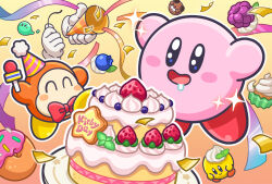 :d ^_^ anniversary birthday blueberry blush_stickers cake closed_eyes commentary_request cupcake donut drooling food fruit gradient_background kirby kirby&#039;s_dream_buffet kirby_(series) nintendo no_humans official_art open_mouth party_popper plate smile sparkle strawberry waddle_dee yellow_background